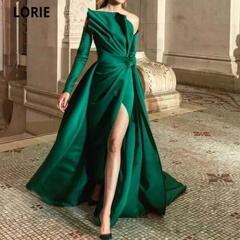LORIE Zelená Satin Vintage Večerné Šaty rameno Dlhé Šaty Formálne Šaty S Dlhým Rukávom Vestido De festa Longo