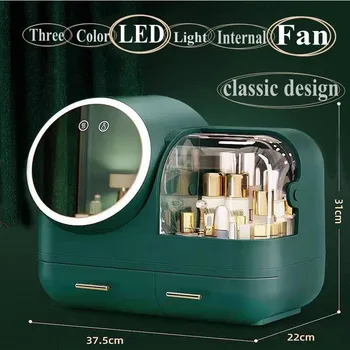 Módne make-up organizátor BOX USB nabíjateľné kozmetické úložný box šperky kontajner prachotesný zásuvky nepremokavé zrkadlo LED lampa