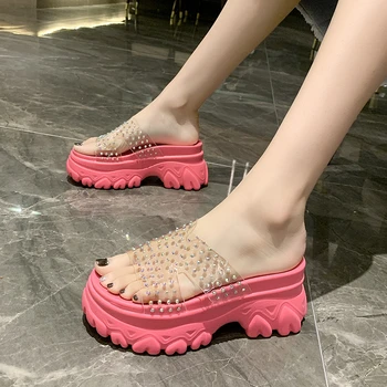 NOVÉ 2021 Letné Topánky Žena Crystal Papuče Žena Gumy Plážové Sandále Pre Ženy Platformu Dámy Flip Flops Mimo PVC, Listy