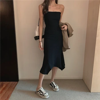 Retro sexy tube top čierne šaty žena 2021 jar nové slim strednej dĺžky nepravidelných sukne malé oblek