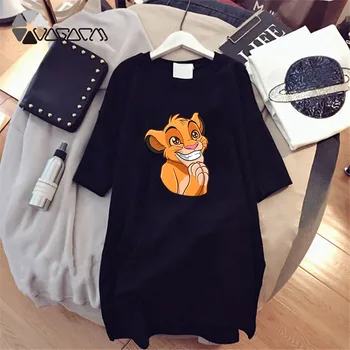 Lion King T-Shirt Šaty Letné Ženy Harajuku Tričko Mini Šaty Cartoon Tlač Tee Simba Rúcha O Krk Krátky Rukáv Vestidos