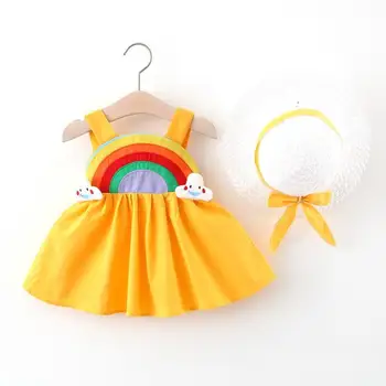 Baby Girl Dress 2021 Nové Letné detské Oblečenie Dievčatá Šaty Dieťa Dievča rainbow košieľka Slamený Klobúk Princezná Šaty 0-3Y