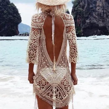 Biele Háčkované Bikini Zakryť S Fringe Výbava Ženy Sexy Duté Tunika Plážové Šaty 2021 Letné Kúpanie Oblek Plaviek Vestido