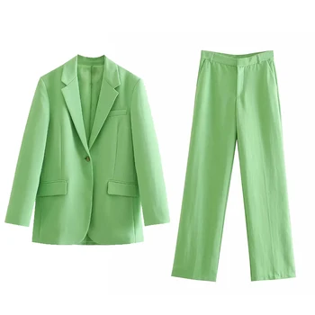 Za Oblek Dámy 2021 Solid Farba Zelená Kancelária Bežné Dlhý Rukáv Prímestských Vrecká Na Zips, Módne Elegantný Oblek Dámy