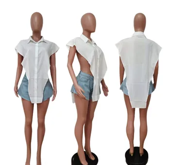 Blúzky Topy Sexy Vystrihnúť Bočné Tlačidlo Hore Biele Tričko Ženy Módne Odevy bez Rukávov Streetwear dámske Tričká