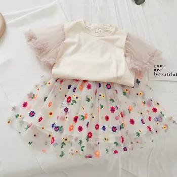 Letné nový Kvet dievča oblečenie, Obleky baby girl čipky lietania rukáv top a vyšívané oka sukne oblek