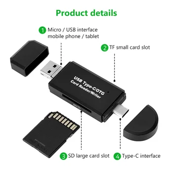 OTG 3 v 1 (SD TF Flash Card vysokorýchlostný Memeory 3.0 CardReader pre Samsung Huawei Adaptér Typ C Micro USB 2.0 Čítačka Kariet