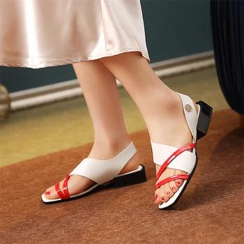 Meotina Sandále Prírodné Originálne Kožené Topánky Ženy Nízke Podpätky Štvorcové Prst Sandále Úzke Pásmo Robustný Päty Dámy Obuv V Lete