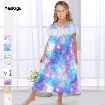 Detské letné Nočné Šaty Dievčatá Sleepwear Cartoon 3D Jednorožec Roztomilý Voľné Voľný čas Nosiť Šaty Galaxy Nightgown Čipky Pyžamá