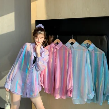 Deeptown Transparentné Tričko Ženy Krásna Blúzka Úplnej Top Ladies kórejský Štýl 2021 Lete Nadrozmerné Slnko-dôkaz Kawaii Ulzzang