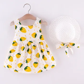 Nový Príchod Baby Girl Letné Šaty Bez Rukávov Backless Ovocie Tlač Deti Plážové Oblečenie S Klobúk