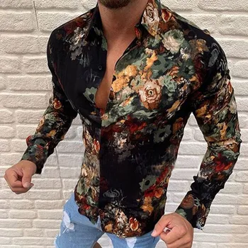 2021 nové módne bavlna dlho puzdre tričko 3D tlač slim fit mužov sociálne bežné obchodné formálne tričko