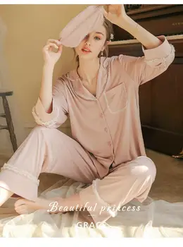 Pyžamo Ženy Ležérne Módne Dlhý Rukáv Pyžamo Nastaviť INY Lady Sleepwear Čipky Modálne Pyžamá pre Ženy