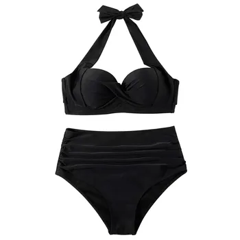 2021 najpredávanejších Ženy Vintage Plavky Klasické Swimmingsolid farba Dve Kus Retro Halter Ruched Vysoký Pás Tlač Bikini Set