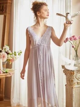 Hanxiuju Princess Royal Elegantné Dlhé Nightgowns Pre Ženy bez Rukávov Výšivky tvaru Bielej Čipky Sleepwear Sexy Nightdress