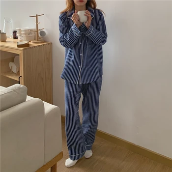 Bavlna ženy pruhované pyžamo nastaviť dlho puzdre domov nastaviť žena jar bežné singel svojim vrecká sleepwear pjs 2ks L187