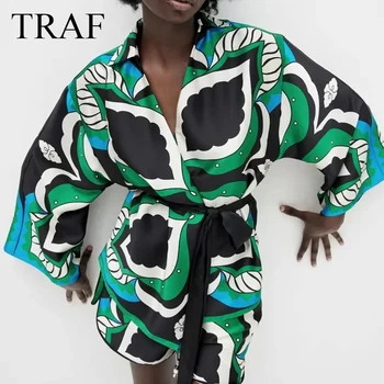 TRAF Ženy 2021 Módny Pás Vytlačené Zábal Kimono Blúzky Vintage Tri Štvrtiny Rukáv Ženské Košele Streetwear