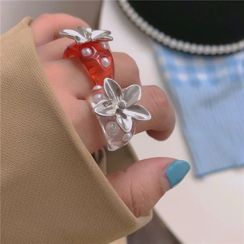 Kórea Módne Retro Akrylové Živice 3D Pearl Transparentná Červená Jahoda Otvoriť Prstene Pre Ženy, Dievča, Minimalistický Šperky Darček