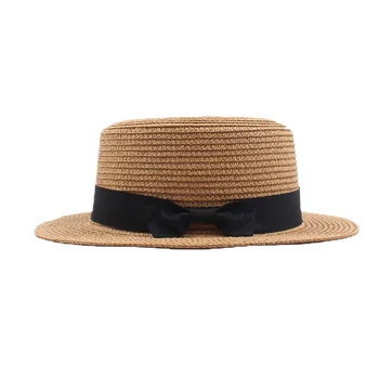 Vintage Lete kórejský Slamený Klobúk pre Ženy Retro Bowknot Flat Top Hat Elegantné opaľovací Krém Pláž Hat EOutside Chrániť Slamený Klobúk