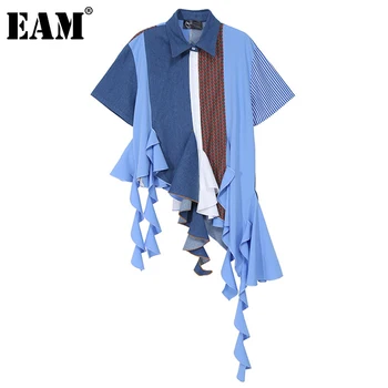 [EAM] Ženy, Modrá Denim Veľká Veľkosť Pozdĺžne Volánikmi, Blúzky, Nové Klope Krátky Rukáv Voľné Nosenie Tričko Fashion Jar Leto 2021 1DD7001