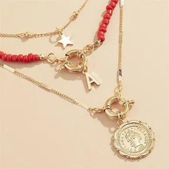 Cosysail 3ks/Set Boho Červená Farba Semien Perličiek Reťazca Náhrdelník pre Ženy Iniciály List Vyrezávané Mince Star Prívesok Náhrdelník Šperky