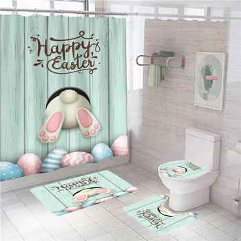 Veselú Veľkú Noc Sprchové Závesy Kúpeľňa Opony Nastaviť Bunny Vaňa Dekor Podstavec Koberec Veko Wc Kryt Mat Vaňa Koberec Sady