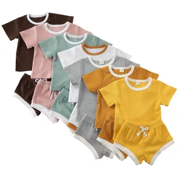 2020 Dieťa, Chlapec, Dievča Letné Oblečenie Novorodenca Dievča, Chlapec Oblečenie Krátky Rukáv Topy T-tričko+krátke Nohavice Rebrovaný Pevné Clothinh Nastavenie 0-3T