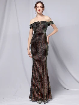 YIDINGZS Elegantné Mimo Ramenný Strany Maxi Šaty 2021 Loď Krku Zlaté Sequin Večerné Šaty Ženy, Svadobné Dlho Prom Šaty
