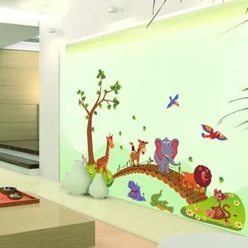 3D animovaný Jungle voľne žijúcich zvierat strom most lev, Žirafa, slon vtáky, kvety samolepky na stenu pre deti izba obývacia izba domova