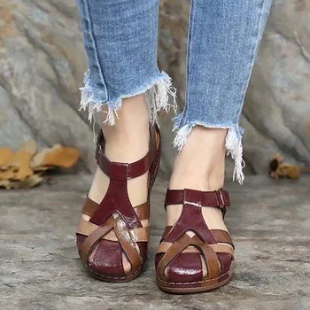 Ženy Sandále Zmiešané Farby Kliny Topánky Pre Ženy Sandále Mäkké Jediným Pu Kožené Dámske Topánky Žena Uzavreté Prst Platformu Sandále