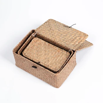3ks/set Ručne tkané Skladovacie Škatule Seagrass Skladovanie Dokončovacie Kôš s Vekom Drobnosti Kúpeľ Kozmetická Uterák Box Nádoba