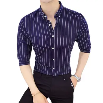 Camisas de vestir de rayas verticales con contraste para hombres, camisa básica neformálne elegante de manga larga de algodón ako vytvorit svoj vlastný