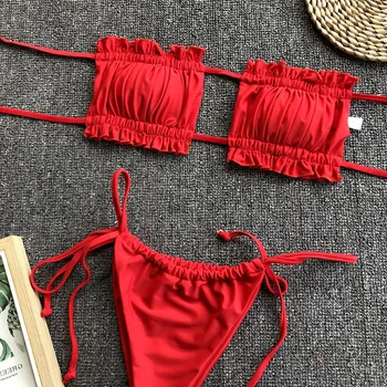 2021 Letné dámske Sexy Skladaný Micro Solídny Kus Dvoch Bikini Set Brazílskej Pláži Vyhovovali Plavky, bikiny mujer plavky