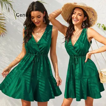 Čistý Zelený Letné dámske Šaty 2021 Sexy Elegantné Módne tvaru Skladaný Čipky Šitie Lotus Leaf Lem Rukávov Šaty