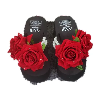 Letné Ženy Flip Flop Red Rose Perly Klin Vysokým Podpätkom Platformu Obuv Sandal Mladých Otvorené Prst Papuče Hot Predaj c334