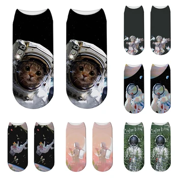 Román Mačka Ženy Bavlnené Ponožky Astronaut Mačka 3d Vytlačené Harajuku Kawaii Ponožky Low Cut Členok Bežné Karikatúra Roztomilý Dievča, Žena Ponožky