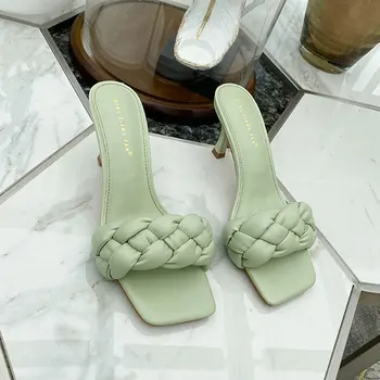 GENSHUO Módne ručne tkané vysoké podpätky sandalias jednoduché vintage štvorcové prst vonkajšie papuče Zapaots Mujer Femme biela modrá zelená
