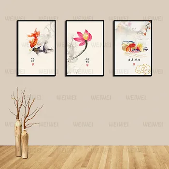 Maliarske plátno Čínske Maľby Lotus Rybka a Kačica Mandarin Plagát Domáce Dekorácie Použitie V Obývacej Izbe a Spálni