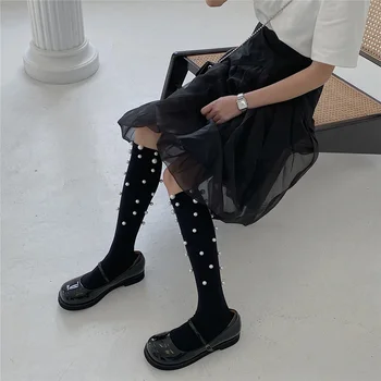 Móda Perly Dlhé Ponožky Ženy Lolita Kolená Vysoké Ponožky Čierne Biele Zamatové Pančuchy Nohu Femme Šaty Calcetines médií