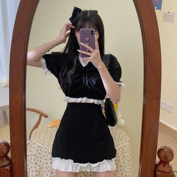 Čipky Vysoký Pás Mini Sukne Harajuku Black E-Dievča Sladké A-Line Micro Sukne Patchwork Ženy Sexy Party Oblečenie