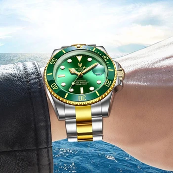 LIGE DIZAJN 40 mm Mužov Náramkové hodinky Zlato Zelená Hodiny Nehrdzavejúcej Ocele, 100M Vodotesné Chronograf Módne Luxusné Mechanické Hodinky