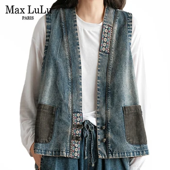 Max LuLu Čínsky Styl Designer 2021 Dievčatá Vintage Denim Vesta Coats Ženy Bežné Odevy Bez Rukávov Žena Nadrozmerné Viest,