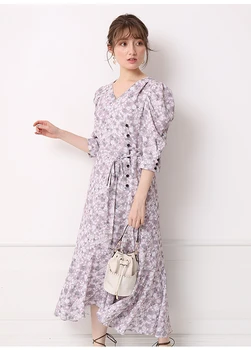 2021 jar nový Japonský vytlačené krajky-up pás tlačidlo kvetinové šaty ženy