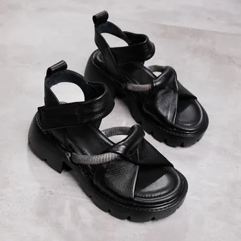 Johnature Ženy Sandále Letné Topánky Retro Pravej Kože 2021 Nové Háku & Slučky Kliny Ručné Voľný Čas Platformu Sandále