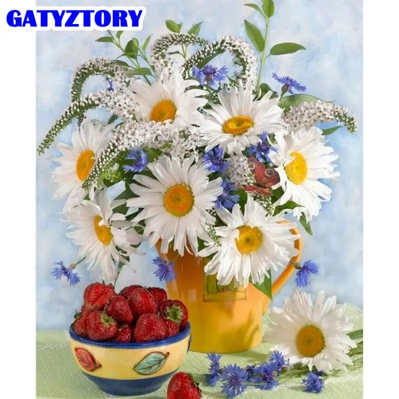 GATYZTORY 60x75cm Rám Maľovanie Podľa Čísel, Biely Kvet, Ovocie Olejové Farby Súpravy Akrylová Farba Ručné Farbenie Plátna Domov Umenie 4