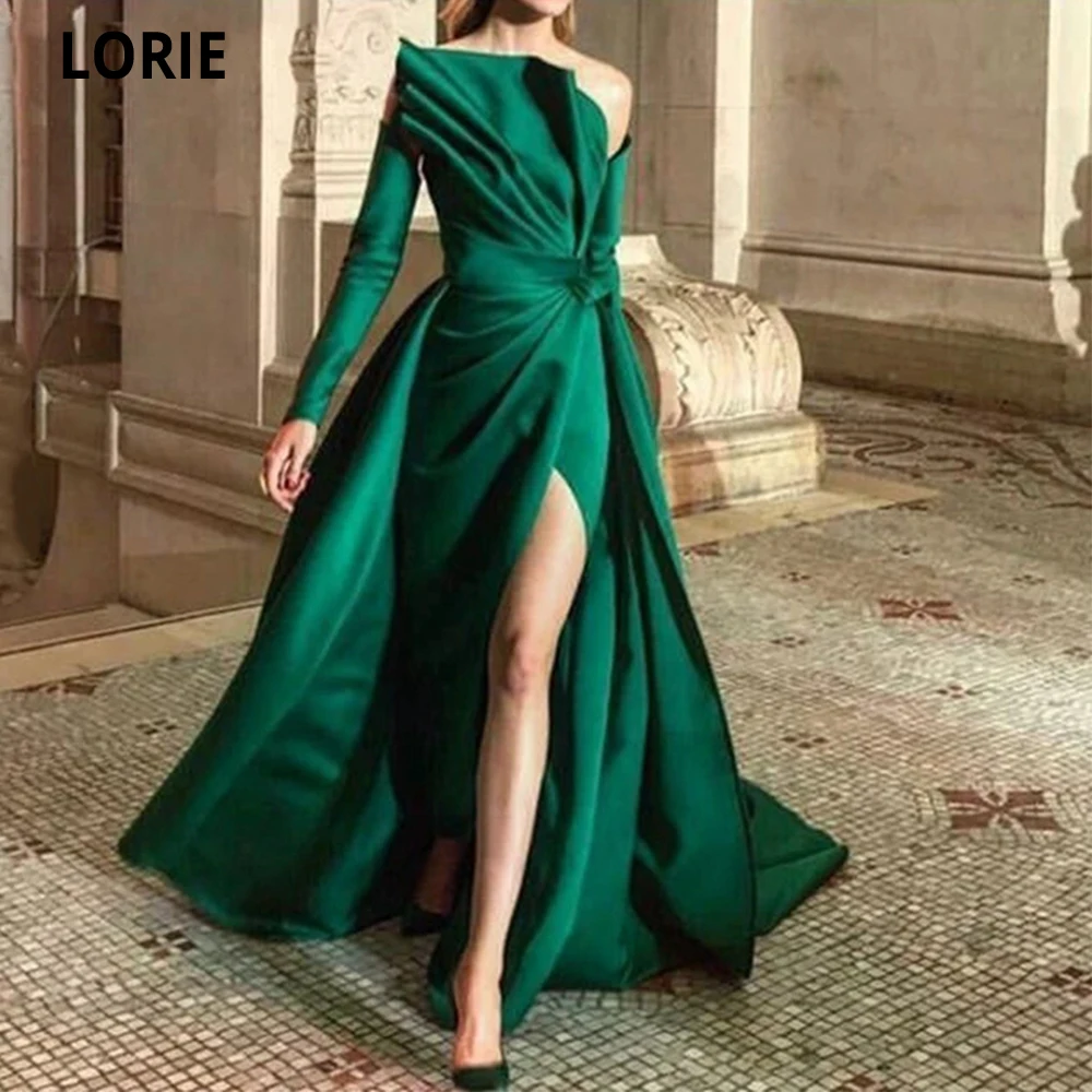 LORIE Zelená Satin Vintage Večerné Šaty rameno Dlhé Šaty Formálne Šaty S Dlhým Rukávom Vestido De festa Longo 0
