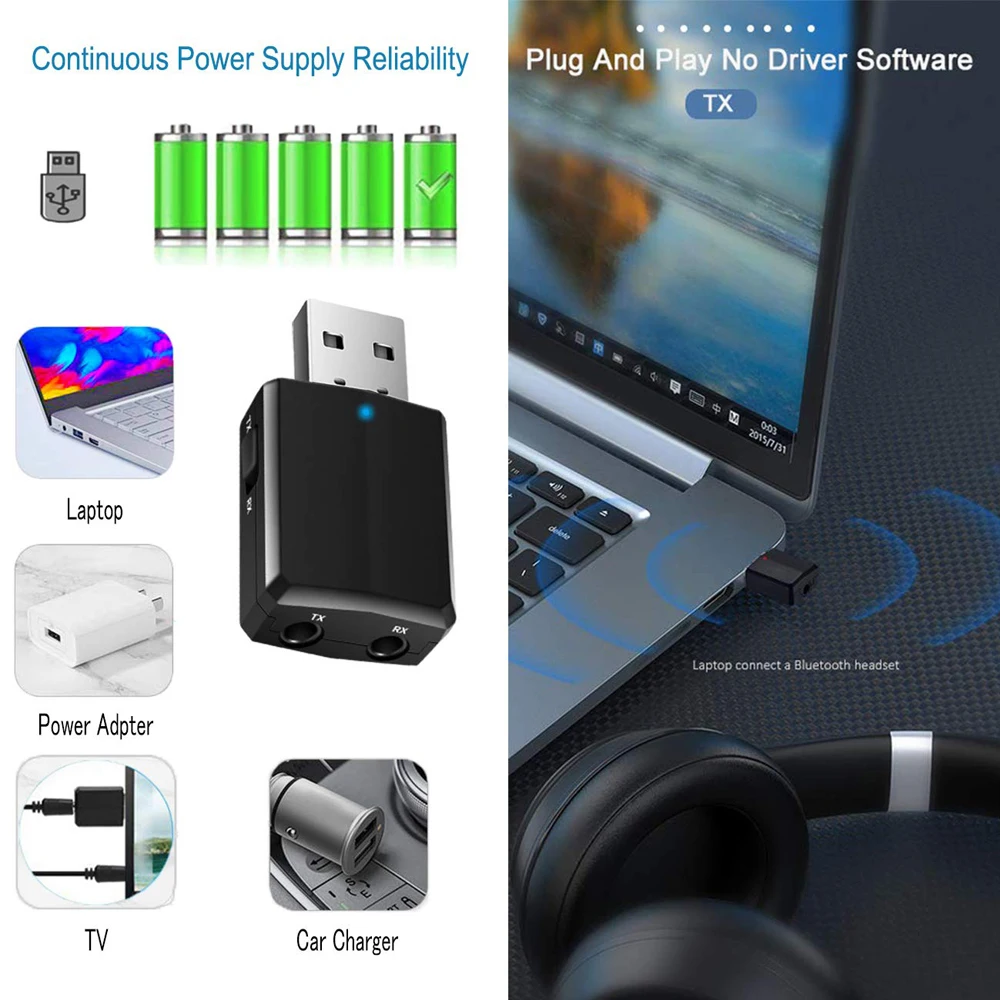 USB Bluetooth 5.0 Vysielač, Prijímač 3 v 1 EDR Dongle Adaptér 3,5 mm AUX pre TV, PC Slúchadlá Domáce Stereo Auto HIFI Audio nové 4