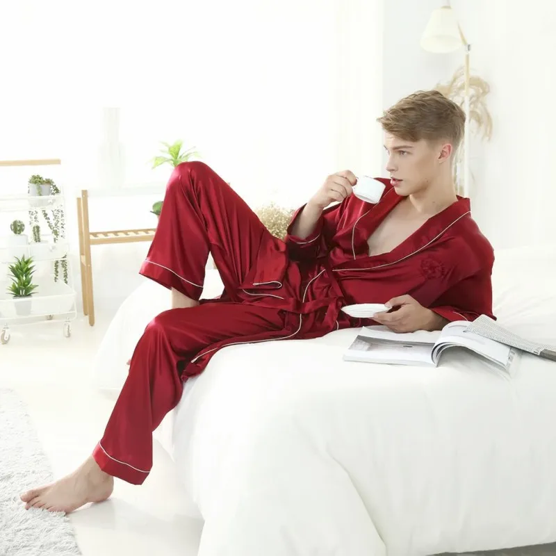2021Silk Satin Mužov Pyžamo Sleepwear Farbou Bežné Pyžama 1