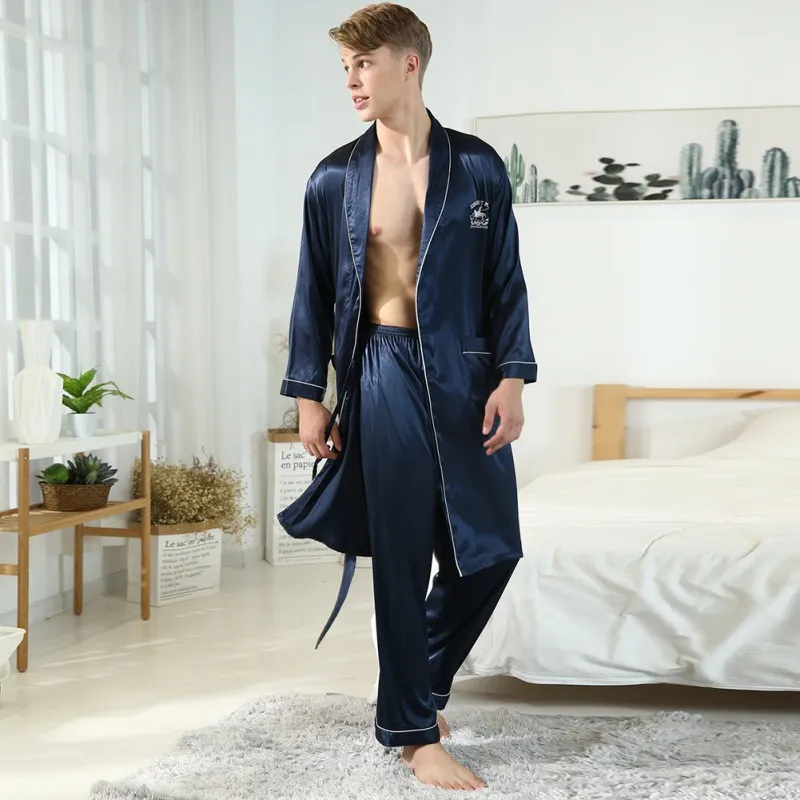 2021Silk Satin Mužov Pyžamo Sleepwear Farbou Bežné Pyžama 2