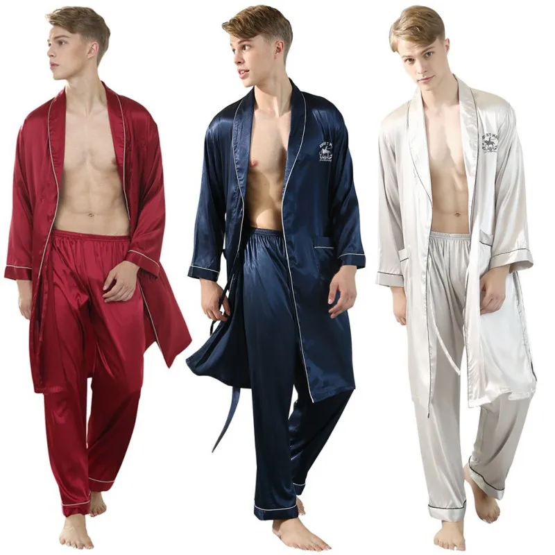 2021Silk Satin Mužov Pyžamo Sleepwear Farbou Bežné Pyžama 5